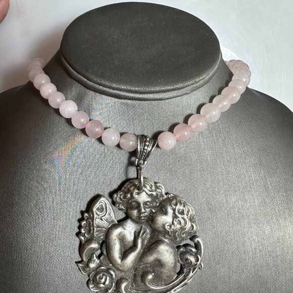 Cherub Rose Quartz Pendant Necklace Handmade Silver Repoussé Art Nouveau Gift - Picture 8 of 9